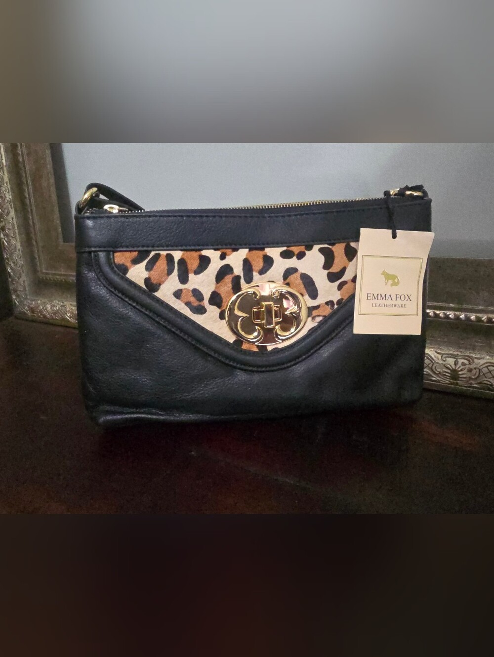 Emma Fox Black Leather Shoulder Bag with Leopard-Print Panel and Gold Hardware